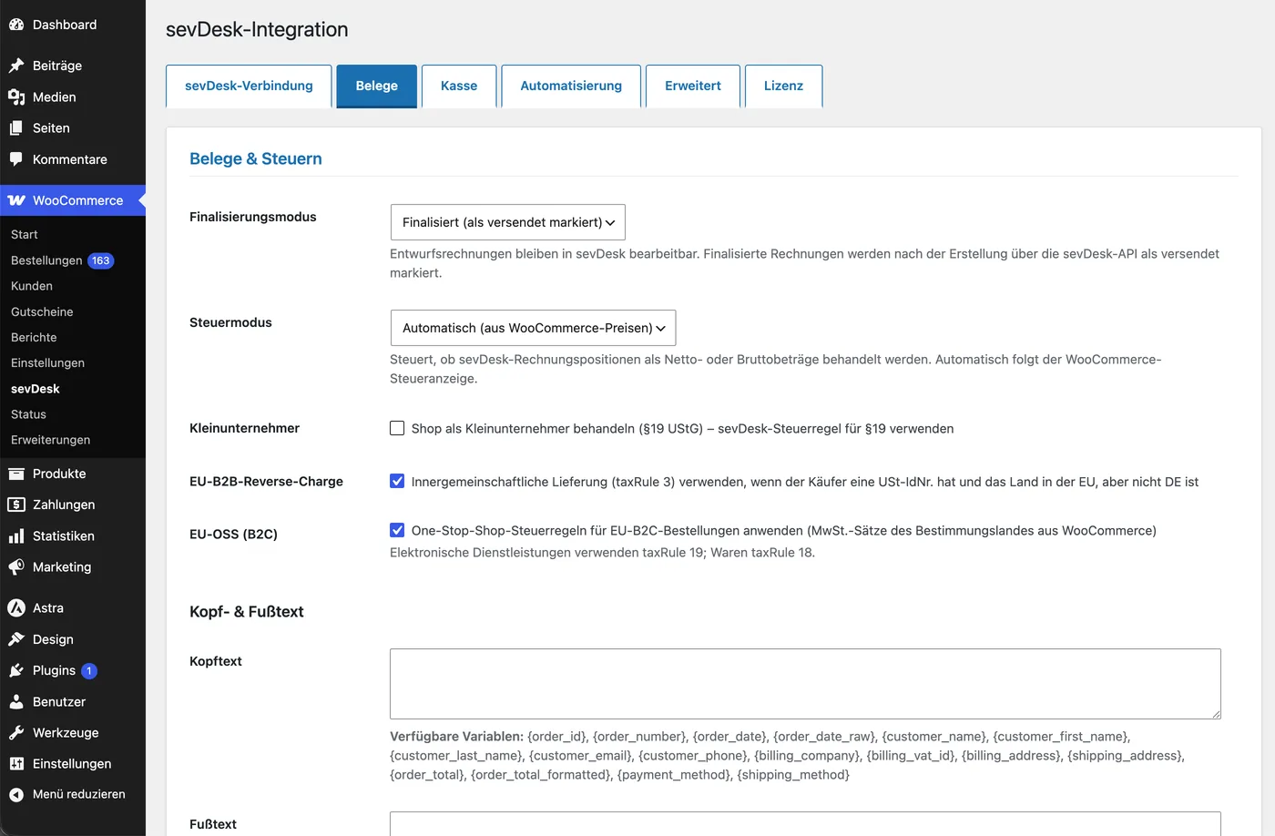Tab Belege und Steuern: Finalisierungsmodus, Steuermodus, Kleinunternehmer, EU-B2B-Reverse-Charge und EU-OSS