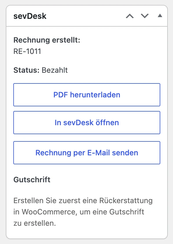 sevDesk-Block an der Bestellung mit Rechnung RE-1011, Status Bezahlt und den Schaltflächen PDF herunterladen, In sevDesk öffnen und Rechnung per E-Mail senden