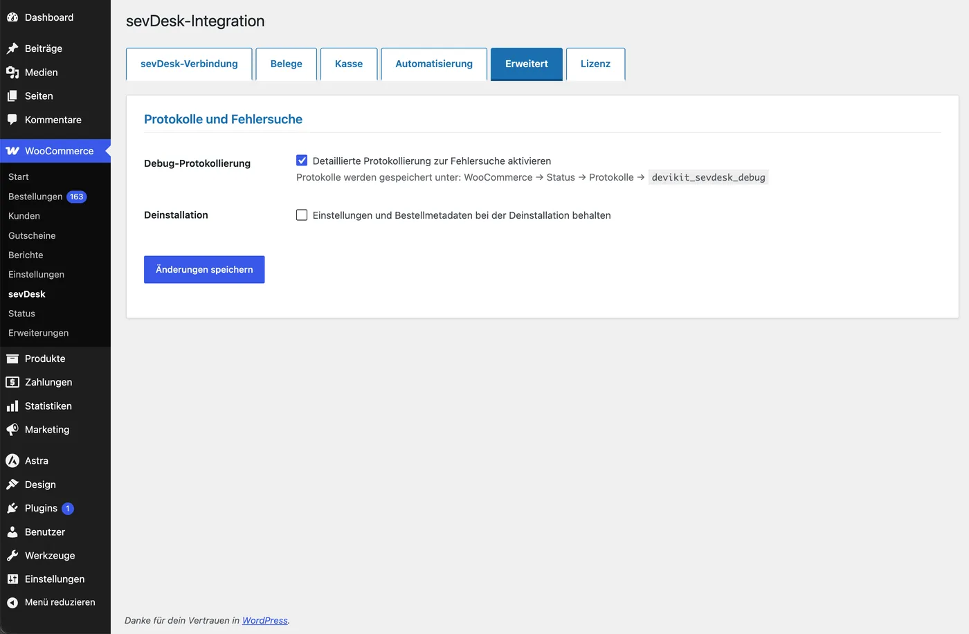Tab Erweitert: Debug-Protokollierung und Option, Einstellungen bei der Deinstallation zu behalten