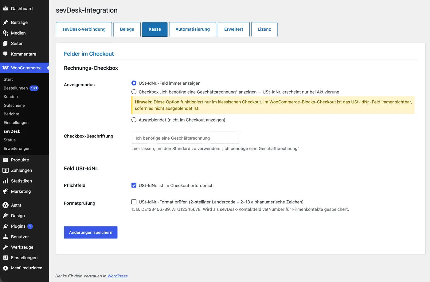 Tab Kasse: Anzeigemodus des USt-IdNr.-Feldes, Checkbox-Beschriftung, Pflichtfeld und Formatprüfung